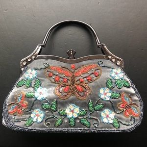 Silver Satin Beaded Butterfly Evening Bag